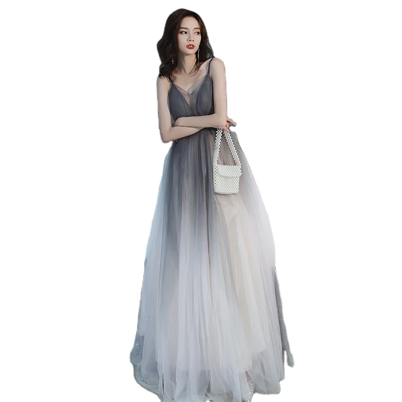 

Evening dress new gray gradient sling annual party birthday party fairy banquet dress skirt female drop shipping fulfill, Picture