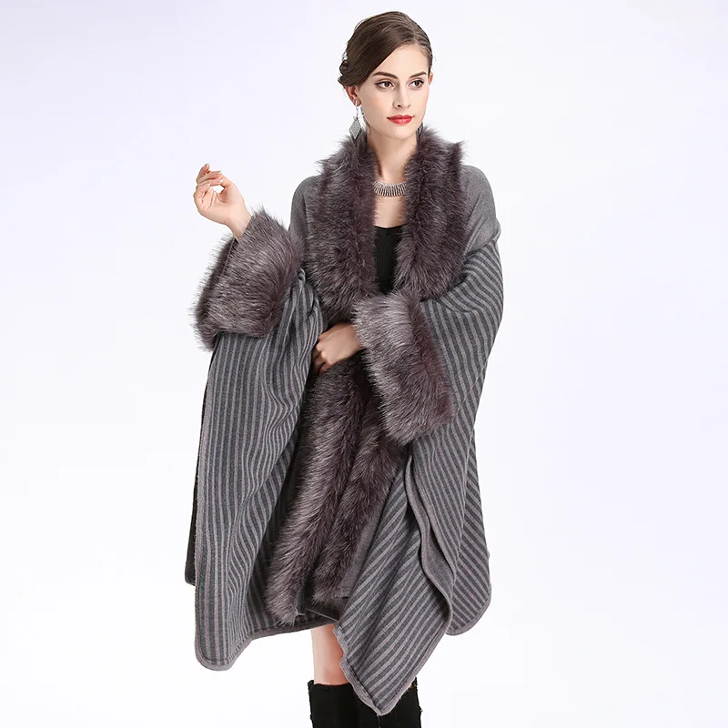 

Autumn/Winter faux fox fur collar plus size knitted coat Poncho for women