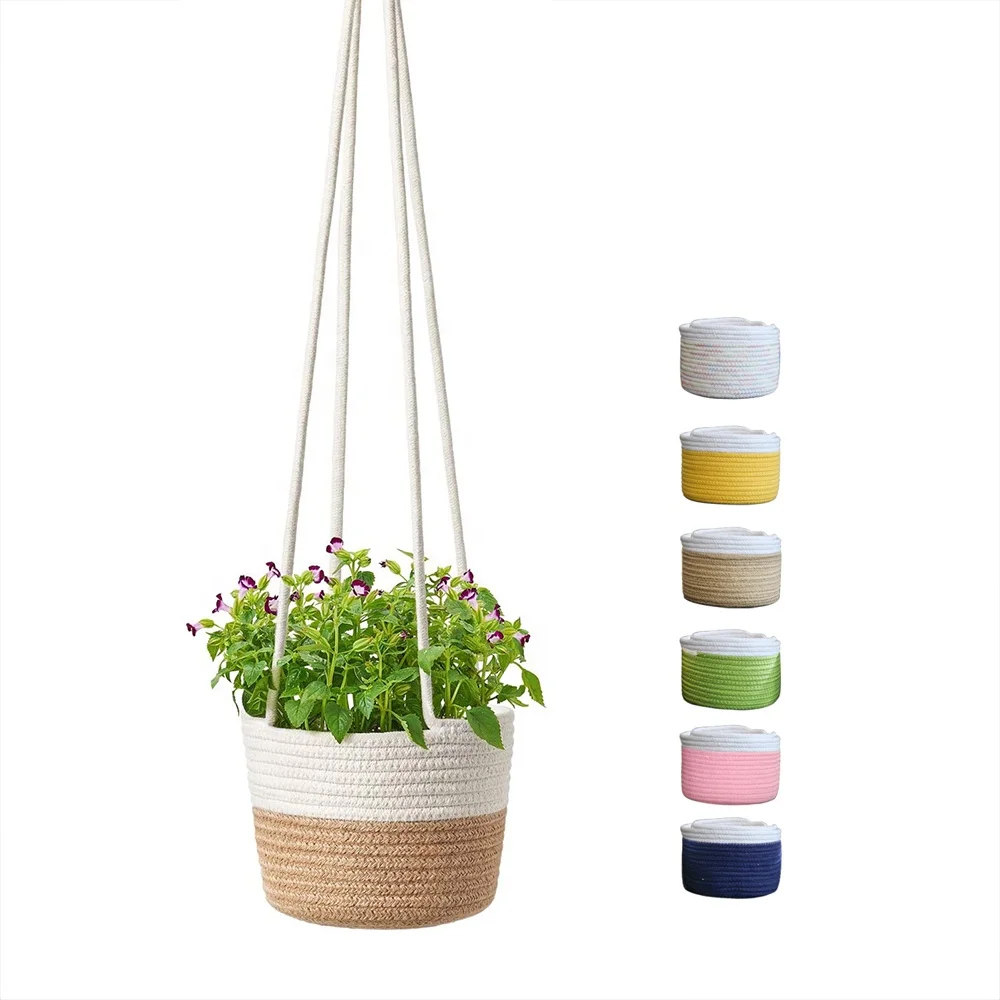 

Hanging Planter Woven Plant Basket with Jute and Cotton Cord Indoor Flower Pot Macrame Plant Hanger Storage Organizer Home Decor, Color white,yellow,pink,green,beige jute,royal