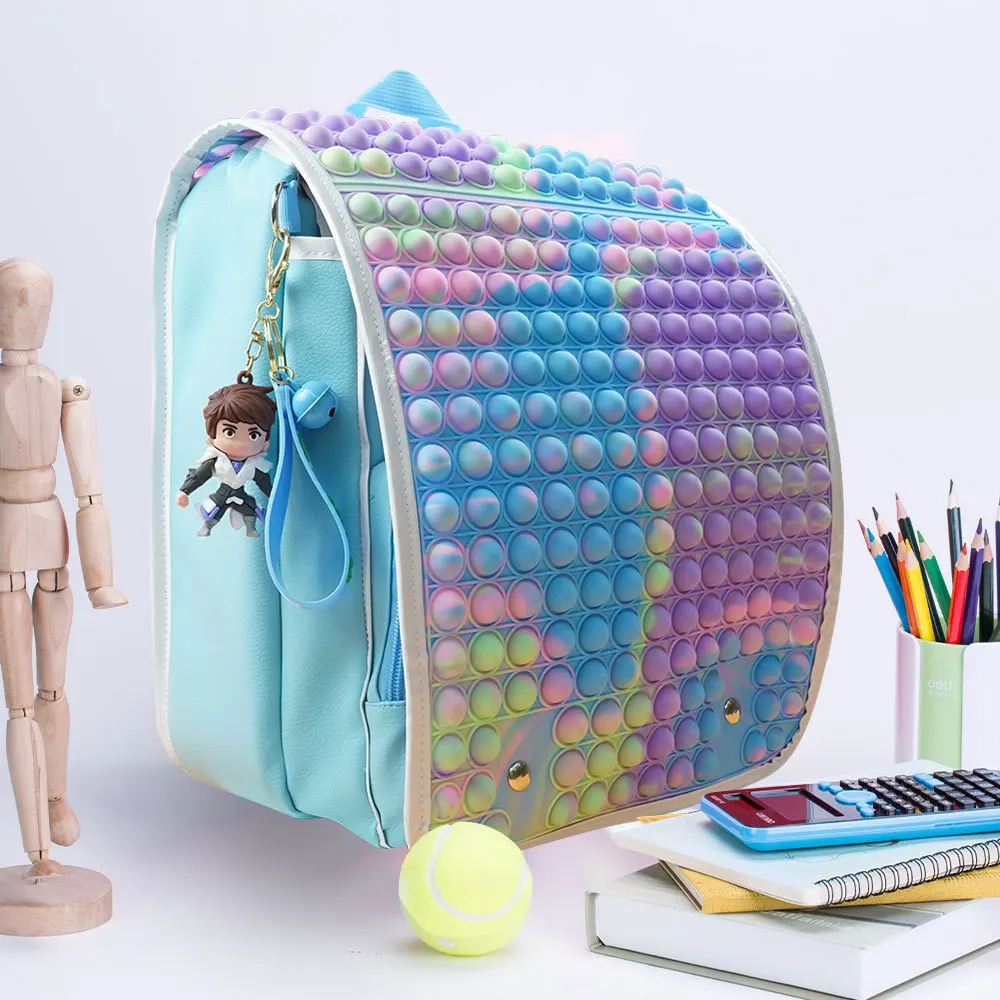 

New Custom Fashion Cute Stylish Popular Silicone Push Pop Up Fidget Bubble Kids Backpack School Bag Double Shoulders Schoolbag