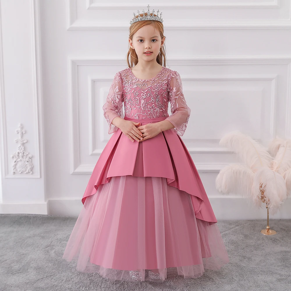 

MQATZ Arab Lace Long Sleeves Princess Dress Summer Flower Girl Wedding Party Dress LP-233
