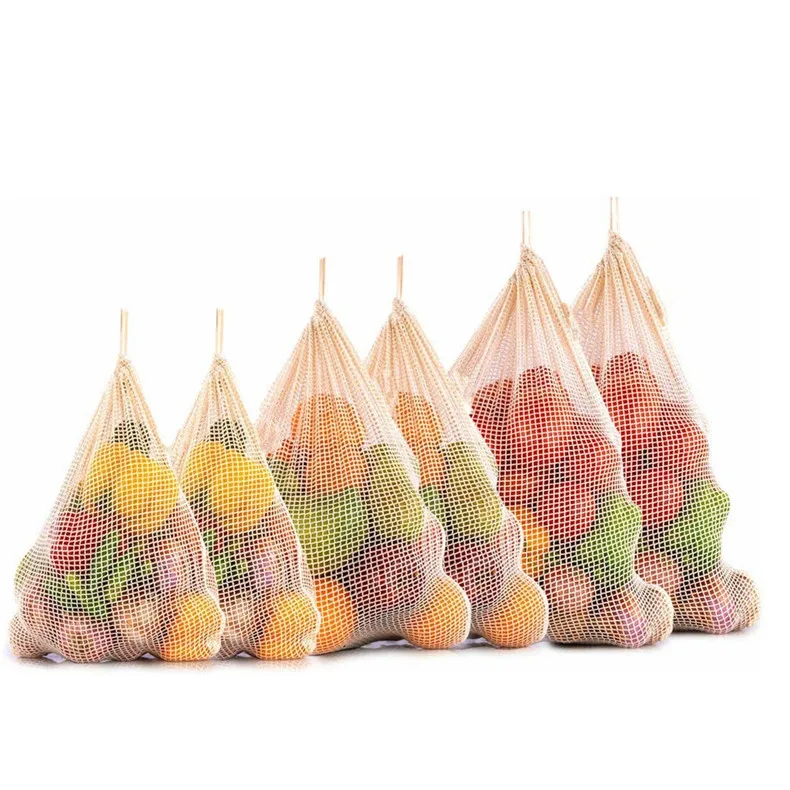 Raschel Produce Grocery Reusable Organic Cotton Pouch Shopping Tote Bags Mesh Drawstring Cotton Net Bag Mesh For Fruit