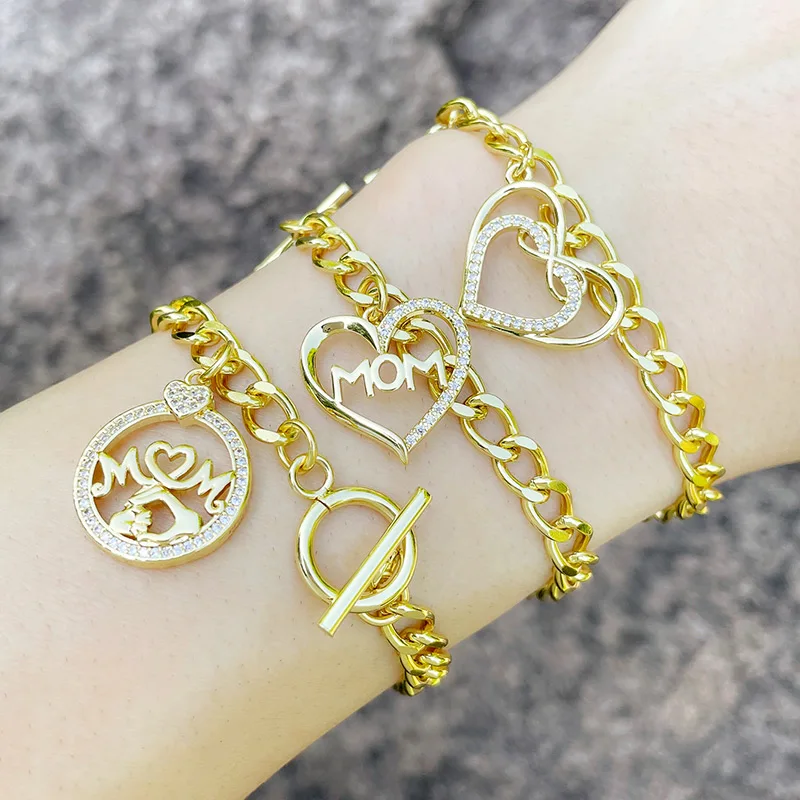 

Simple Peach Heart-Shaped Bracelet Fashion Hip-Hop Metal Chain OT Buckle Jewelry, 18k gold with zircon