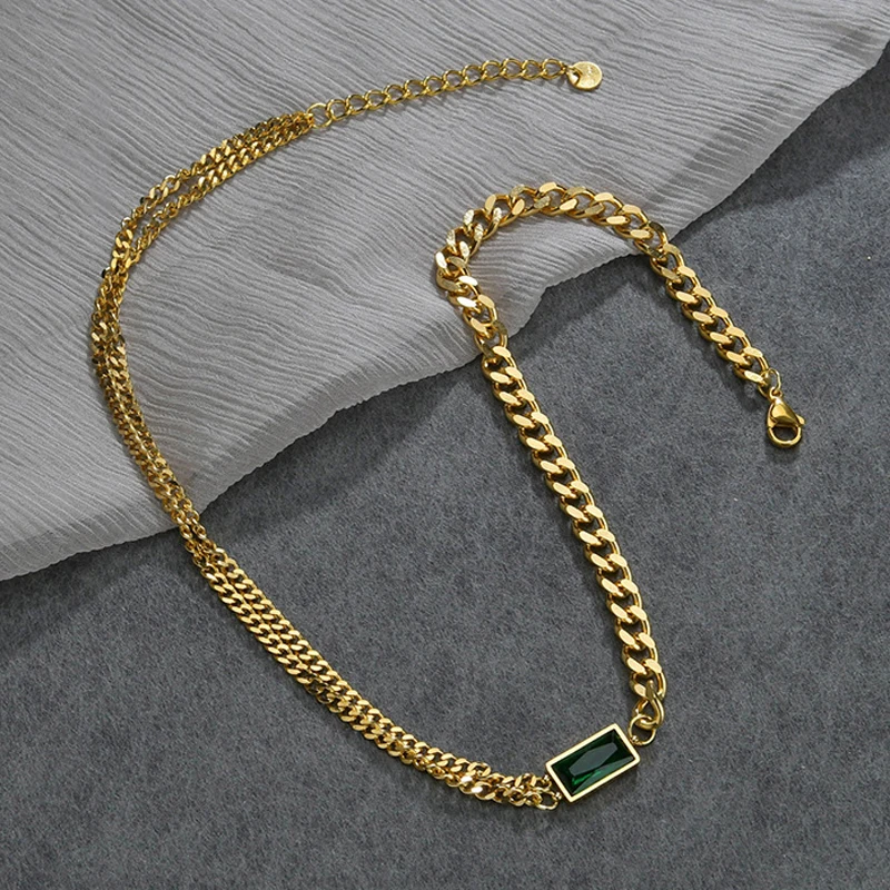 

17KM Vintage 18k gold plated stainless steel link chain necklace square gemstone pendant necklace for women girls, Gold/silver/rosegold
