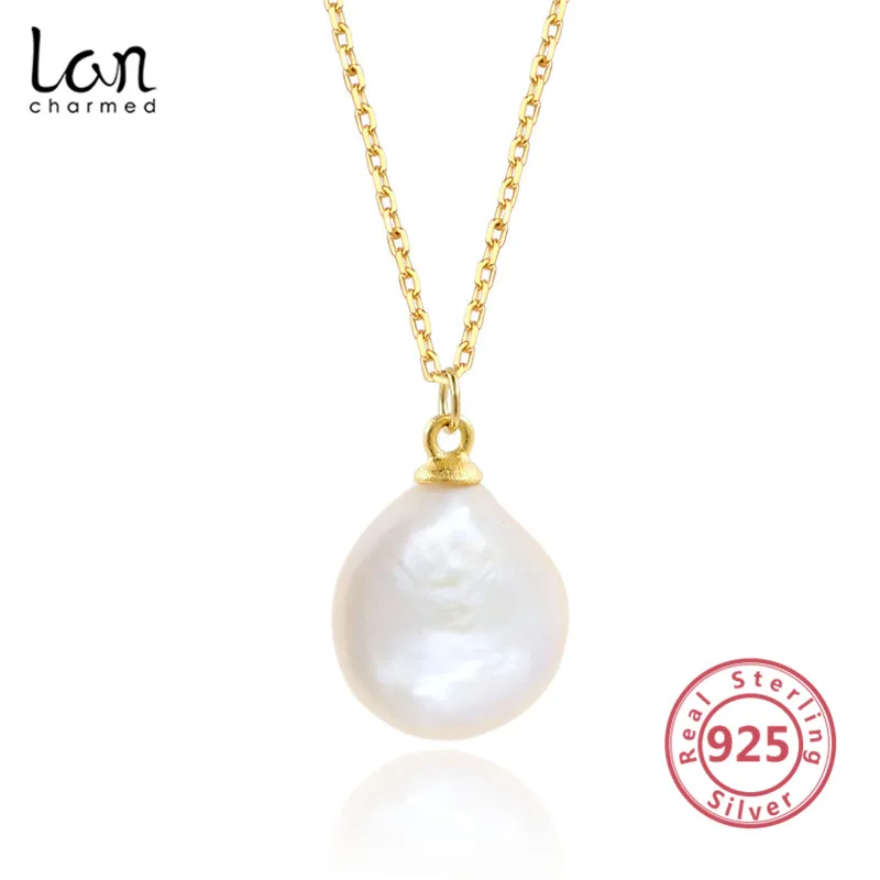 

925 Sterling Silver Pearl Pendant Necklace Simple Natural Freshwater Baroque Pearl Necklace, Gold color
