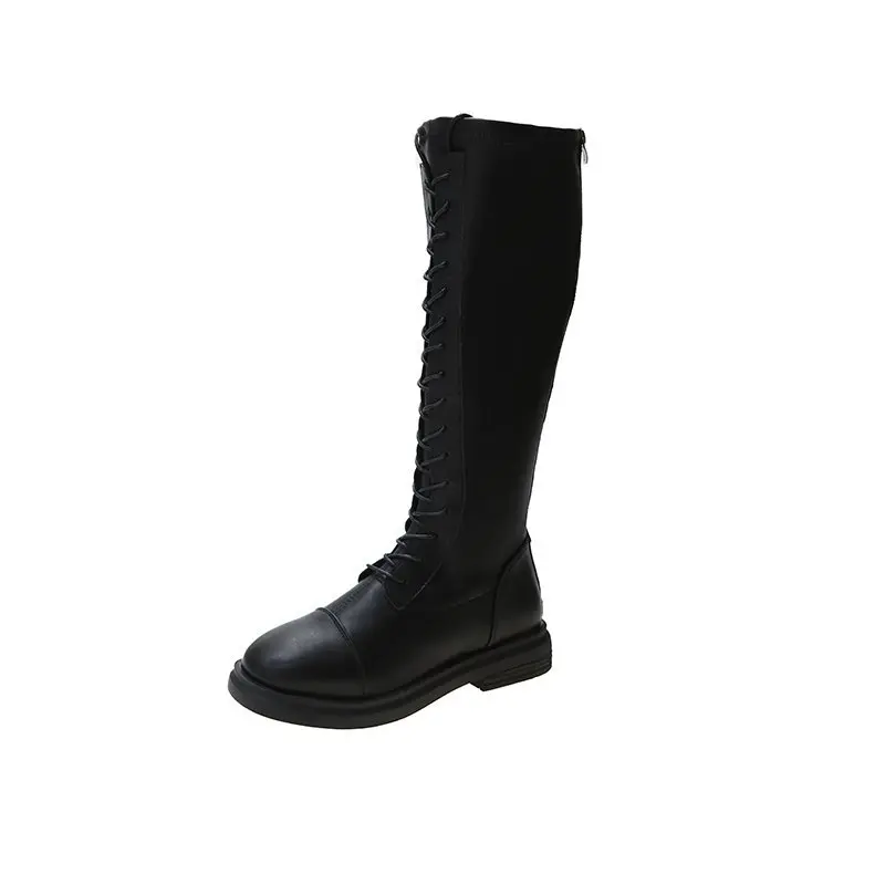 

2021 Spring Women Fashion Long Boots Light Fleece Lace Up Black Leather Boots for Women