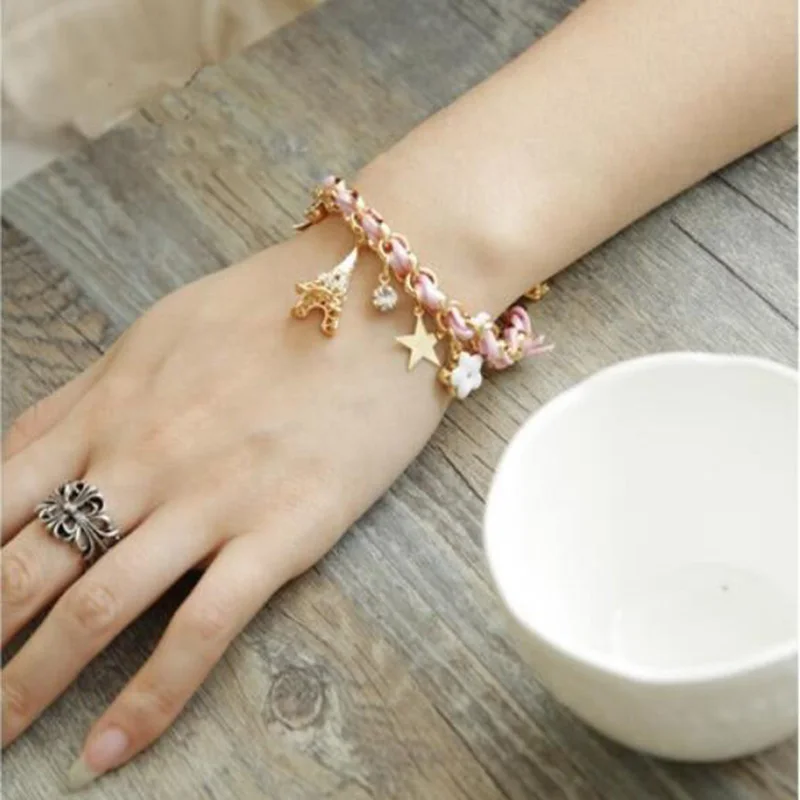 Fashion Flower Heart Poker Eiffel Tower Bracelet Women Star Anklets Handmade Weave Charm Bracelet For Women Jewelry