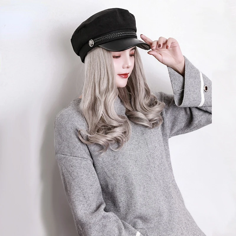 

Fashion Detachable Hat Wig Women's Short Waves Roll Wig Set One