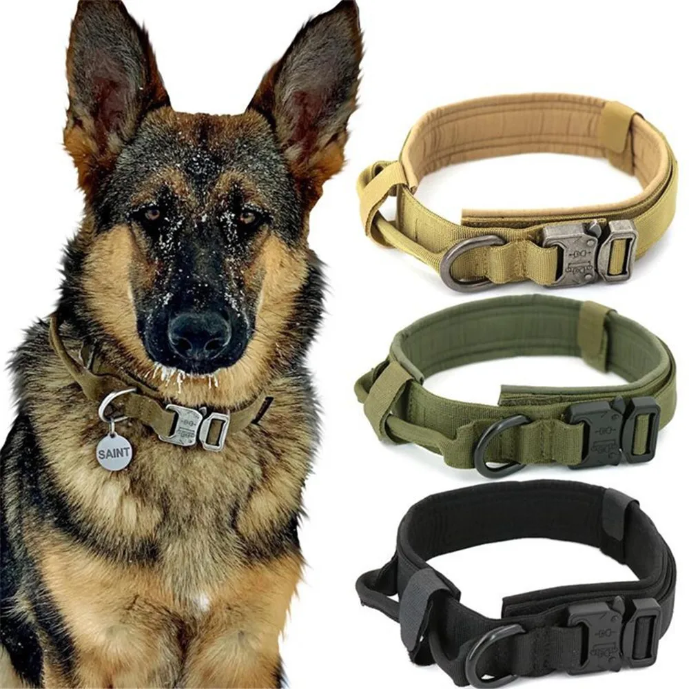 

Tactical Dog Collar Adjustable with Sturdy Metal Buckle Handle Army Grade Nylon Military Collars for Medium Large dog, Black,khaki,green