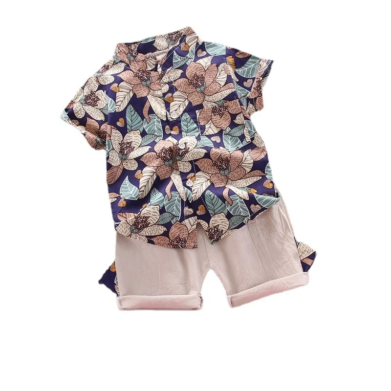 

New Style Baby Boys Summer Fancy Flower Print Shirts Suit Toddler Boys Flower Shirt With Short Pants Clothing Set