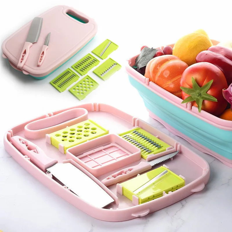 

multifunction silicone collapsible plastic chopping folding vegetable washer colander foldable cutting board with containers