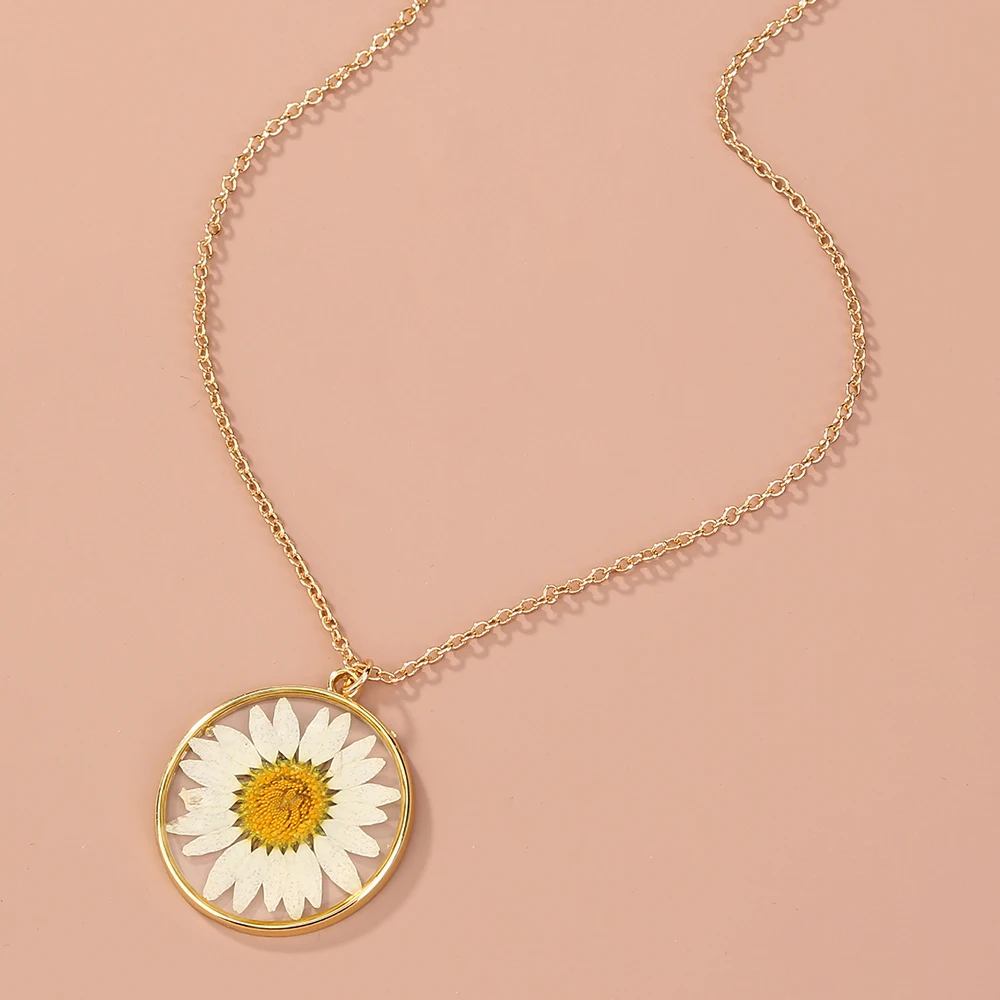 

Dainty Custom Resin Dried Flower Necklaces Daisy Charm Choker Sunflower Pendant 18K Gold Jewelry Necklace Women