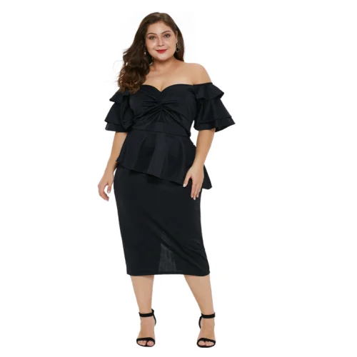 

Plus Size Women Clothing Black Tiered Sleeve Twisted Peplum Dress