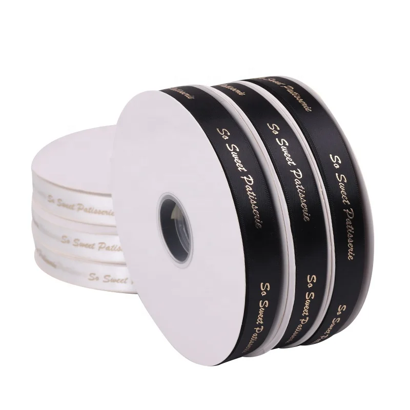 

New Arrival 2cm White Satin Ribbon Print With Logo Hot Stamping Gold Raised on Polyester Ribbon For Gift Packing