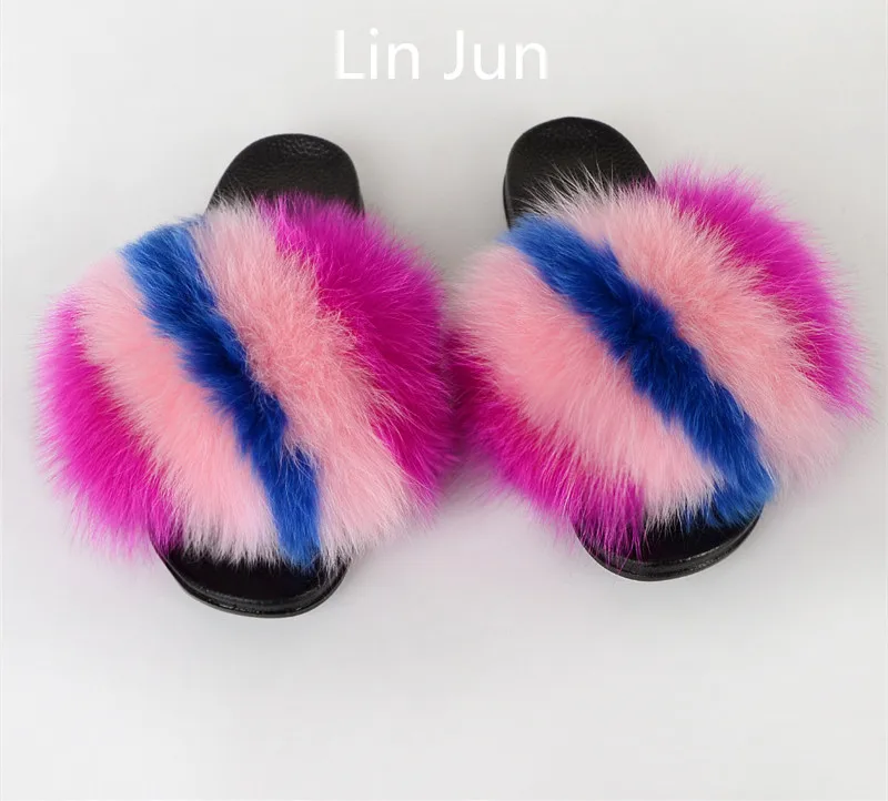 

2021 factory wholesale Real slippers white color fox fur slides Baby fur slippers, Customized color