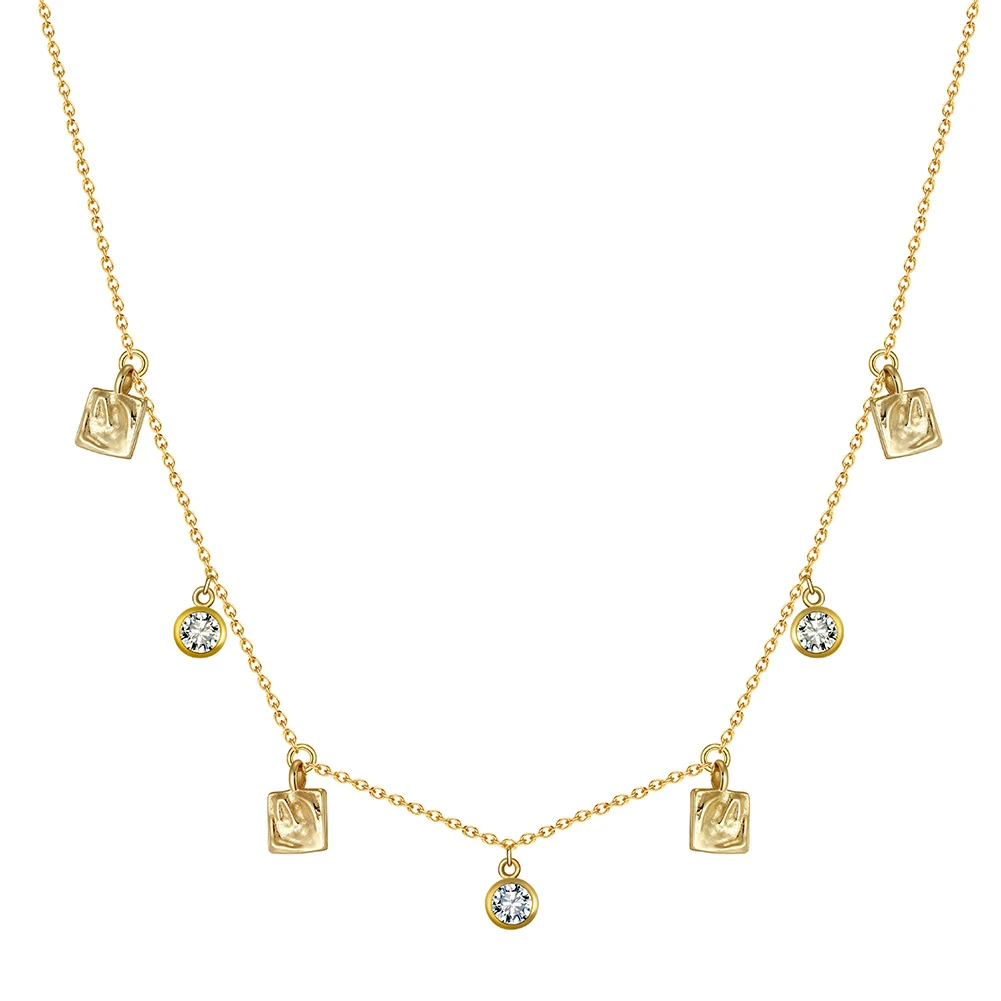 BQN04 RINNTIN New S925 Silver Girl Jewelry 14K Gold Delicate Chain Handcrafted Four Gold Charms Bezel Three CZ Choker Necklace