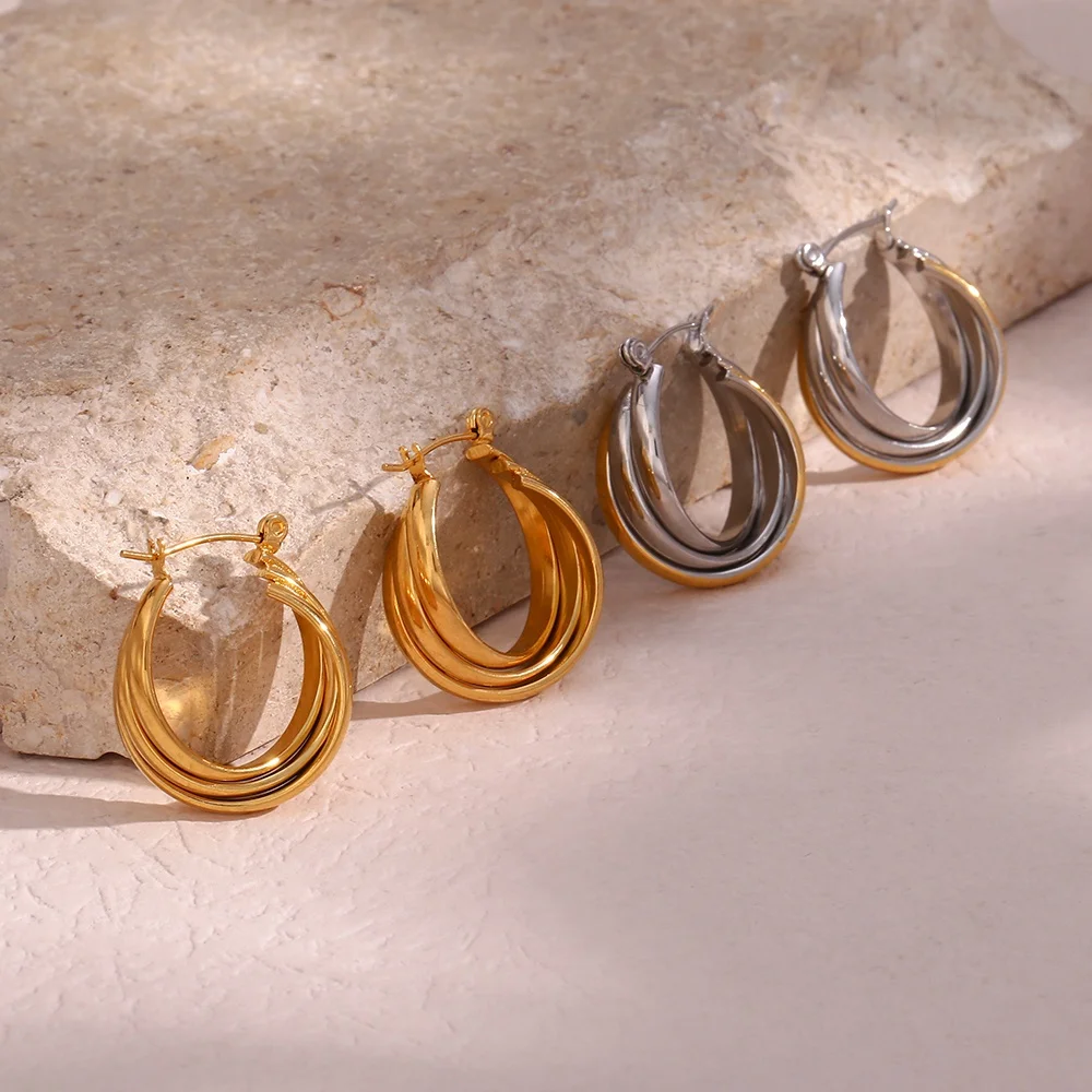 

Drop Ship Minimalist Three Layer Twisted Hoop Earring 18K Gold Plated Stainless Steel Earrings Women