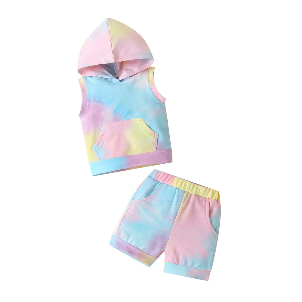 

2021 Summer Toddler Boys girls Clothing Sets Tie Dyed Sleeveless Hoodie Vest Shorts 2 pieces sets Kids, As picture show