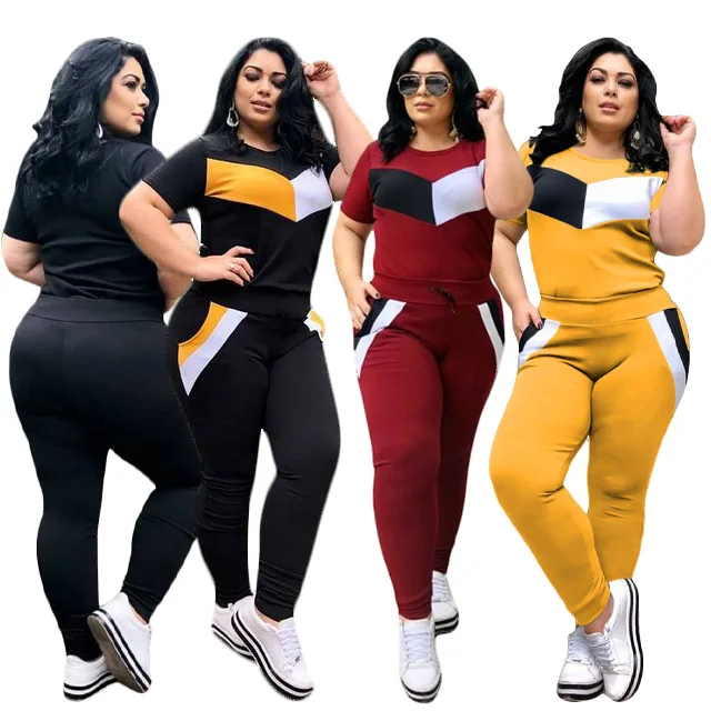 

2021 Women Plus Size Clothes 2 Piece Pants Set Shirt and Pants Patchwork for Big Fat Women Spring Summer Clothing