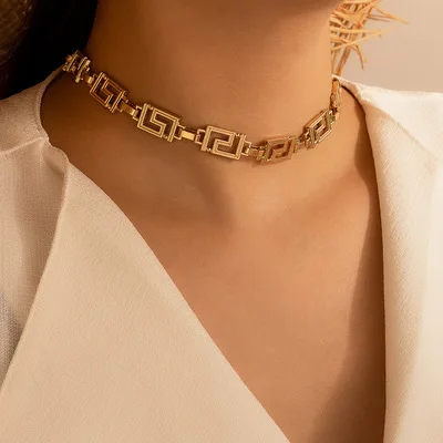 

Newest 18K Gold Plated Maze Choker Necklaces Geometric Fret Clavicle Necklace For Party