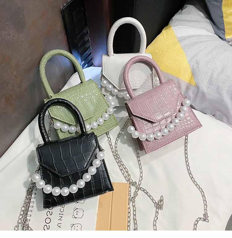 

INS mini handbag new design women's bags with pearl chains luxury handbags leather crossbody fashion, Black