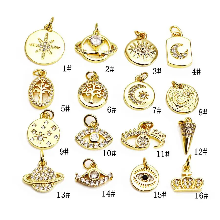 

CZ8292 wholesale tiny CZ brass charm evil eyes & crown, jewelry findings copper circle pendant for women's necklace, Gold
