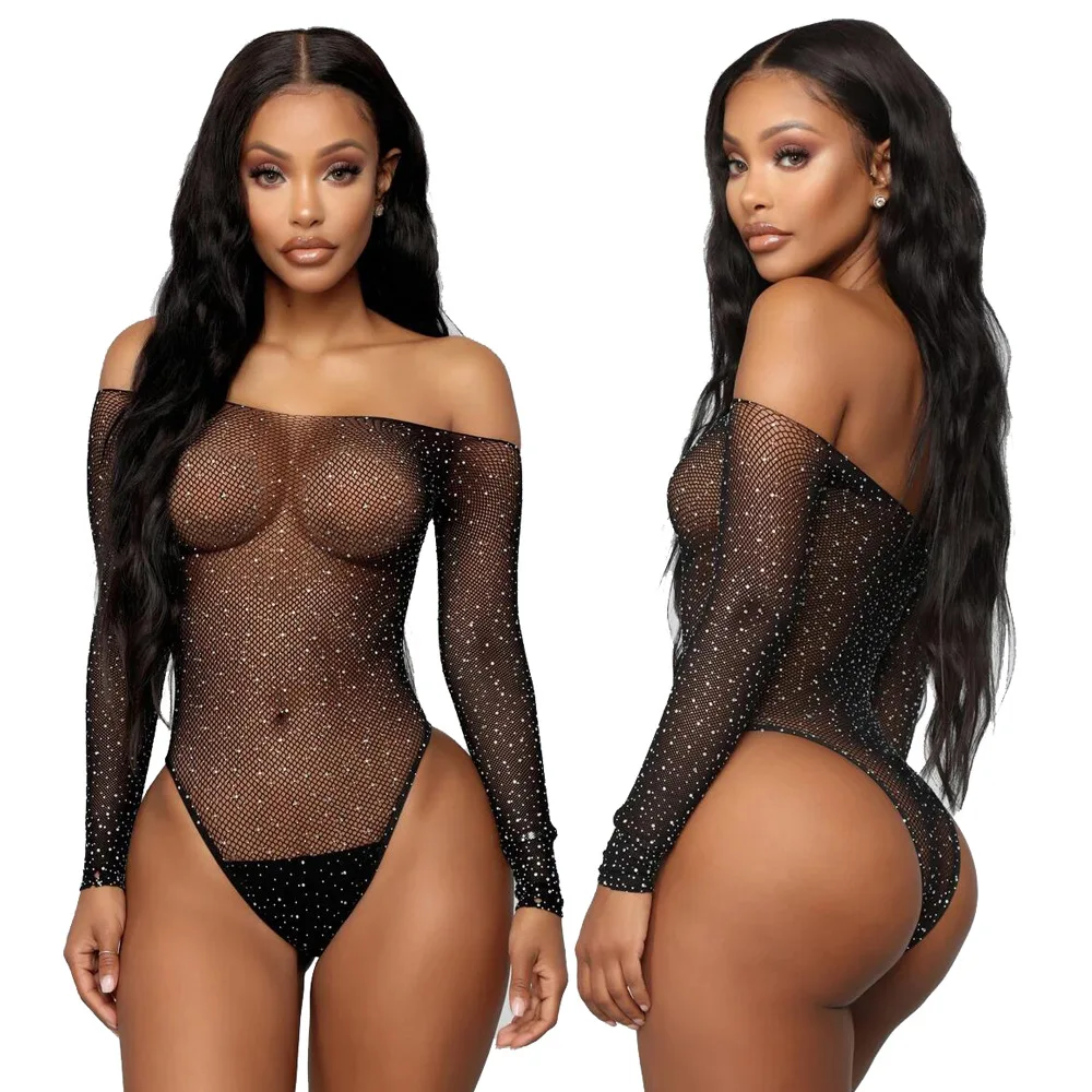 Women's Sexy Rhinestone Sheer Mesh Long Sleeves Bodysuit off shoulder bodystocking
