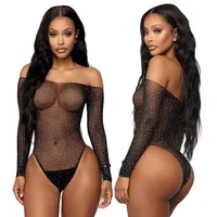 

Women's Sexy Rhinestone Sheer Mesh Long Sleeves Bodysuit off shoulder bodystocking