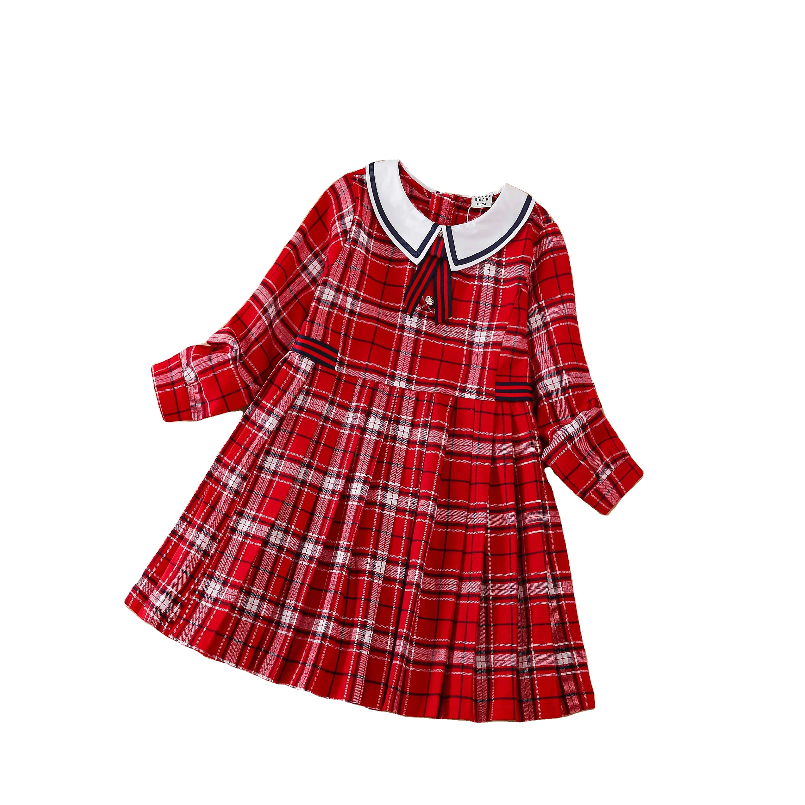 

High quality elegant casual kids clothing girl dress Pleated Red Plaid Long sleeve peter pan collar girls' dresses