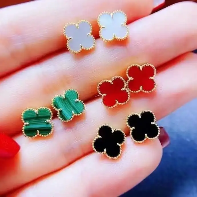 

18K Pure Solid Gold Earring Natural Diamond Dancing Brilliant Lucky Clover Stud Earrings Real 18K Gold Clover Earrings, 4 colors to choose