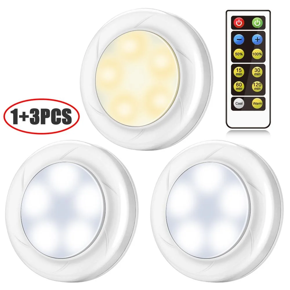 Wireless LED Puck Lights, Closet Lights 3AA Battery Operated with Remote Control, Dimmable Kitchen Under Cabinet Lighting, Cool