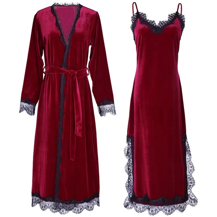 

Lace Nightgown And Robe Set Longe Satin Bath Robe Velour Printing Sleepwear Women