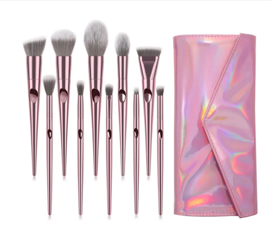 

RTS 10Pcs Metal Pink 20cm Luxury Electroplated Bling Grils' Makeup Brushes Kit, Hotsale Custom Vegan Beauty Blogger Makeup Tools, Princess pink