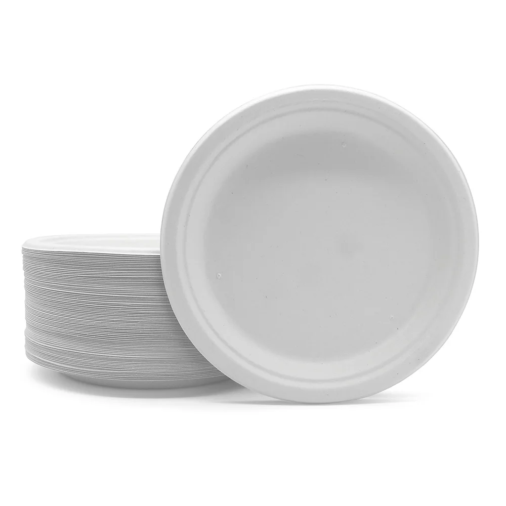 

9 Inch Sturdy Greaseproof Eco Bagasse Biodegradable Party Supplies Disposable Customizable Paper Plates Wholesale, White or natural