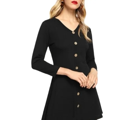 

2020 Hot Sale Hot Sale Wholesale Solid Color Single Breasted Long Sleeve V-neck Dress, Customized color