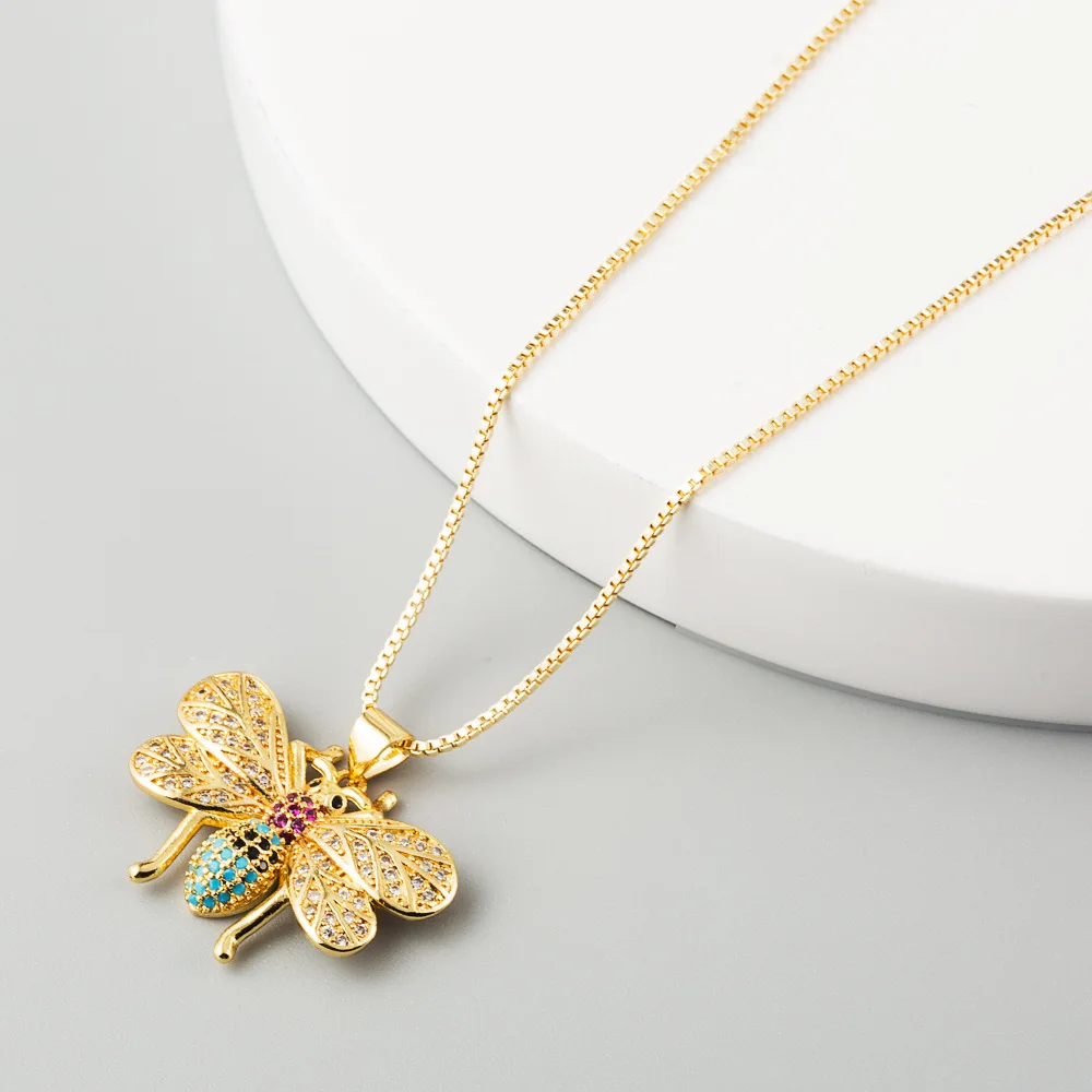 

Trendy Bee Pendant Necklace Colorful Micro Pave Zircon Gold Plated Bee Necklace