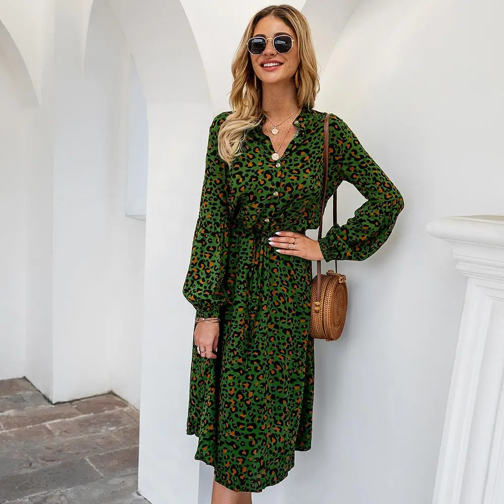 

Spring and summer women's new leopard print long sleeve mid-length dress