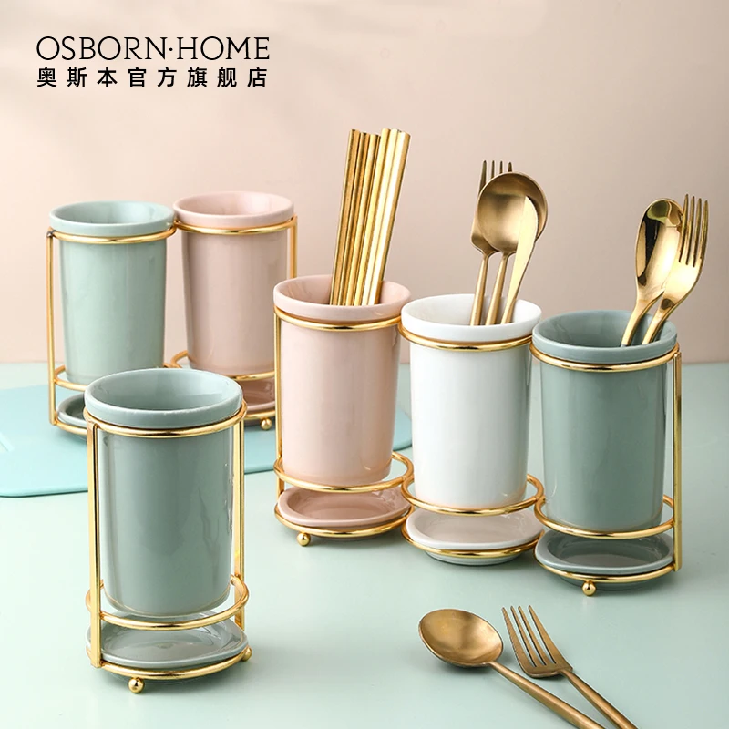 

OSBORN Luxury Kitchen Chopstick Knife Fork Spoon Organizer Ceramic Cutlery Utensil Holder with Gold Rack, Picture