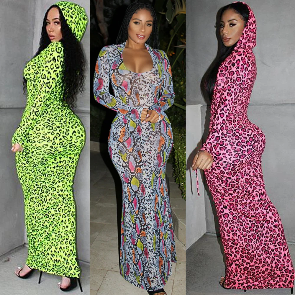 

Leopard print smart long sleeve maxi dress for women lady sexy