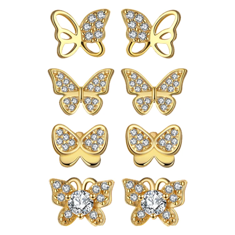 

RINNTIN APE Fashion Aretes Wholesale Butterfly Shape Cubic Zirconia 14K Gold Plated 925 Sterling Silver Stud Earrings Women