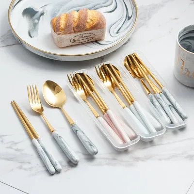 

Nordic Marbled Cutlery Set Stainless Steel Titanium Fork Spoon Chopsticks Portable Box Set Gray Pink, Customized