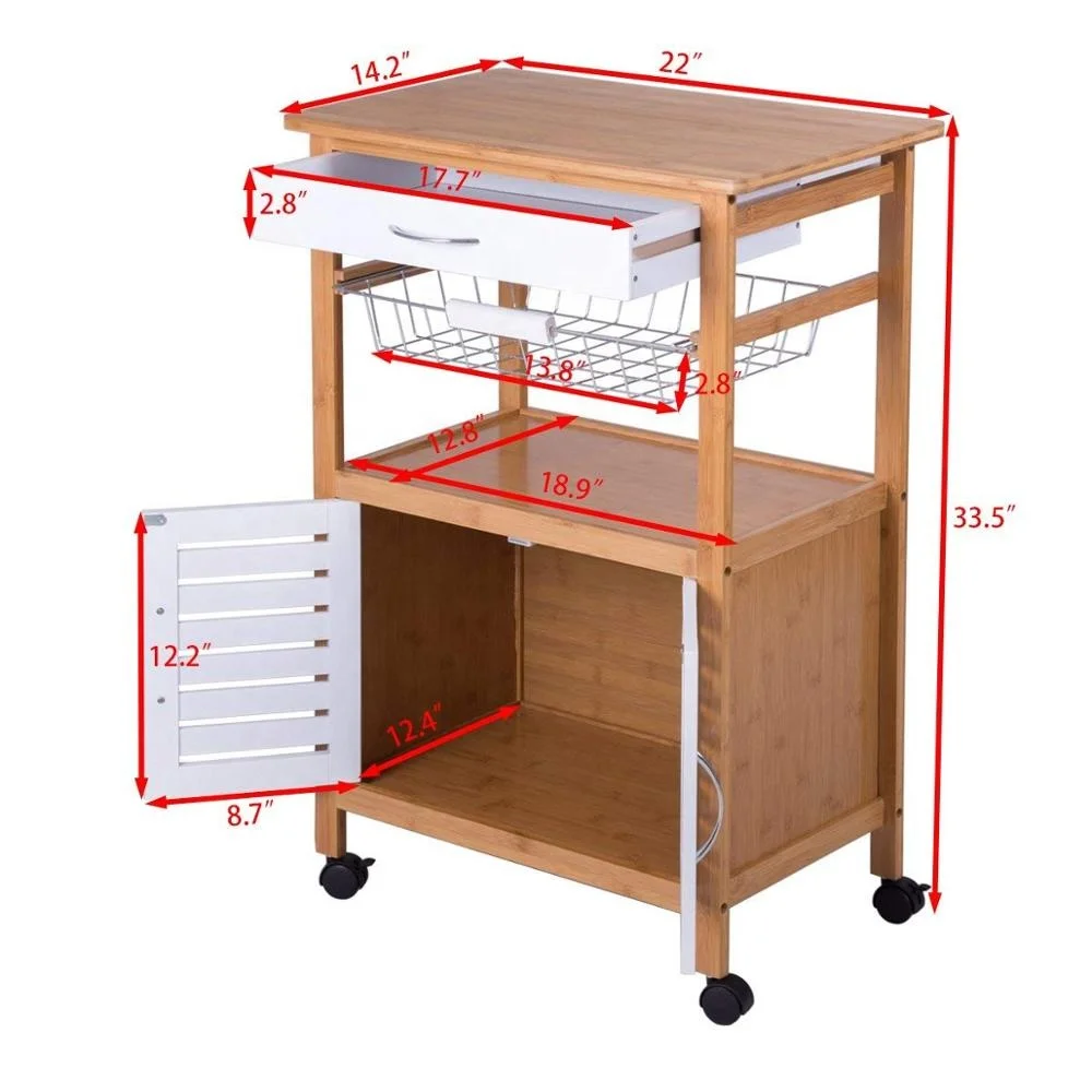 
Kitchen Cart Rolling Trolley Cart Island Bamboo Top with Storage Drawer Basket Cabinet Truck Kitchen 