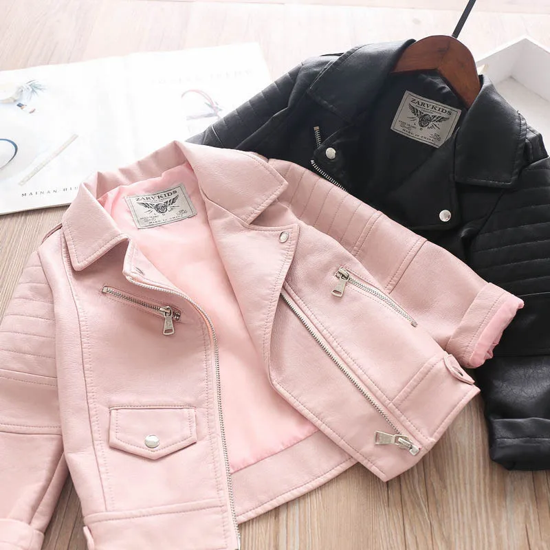 

autumn fall pu pink black kids leather jackets for girls jacket baby coat casual children clothes wholesale outfit