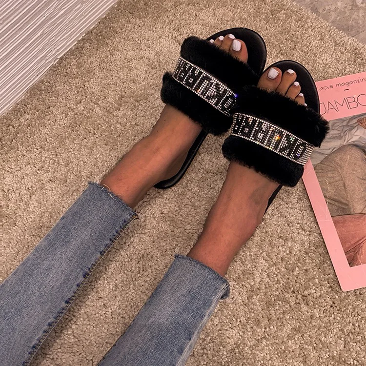 

2021 Hot Sale Fashion Black Fur Slides Sandals For Women Wholesale, Black,pink