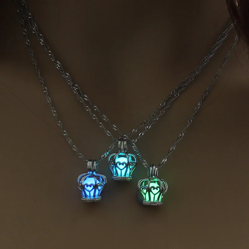 

Luminous Bead Silver Heart Necklace Chain Choker Glowing Crown Locket Pendants For Jewelry Glow In The Dark Necklace Women