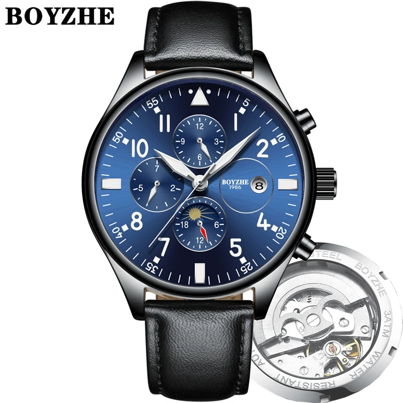 

OEM Brand Men Automatic Mechanical Wrist Watches mechanical Leather BOYZHE Multi-function Custom watch, Black