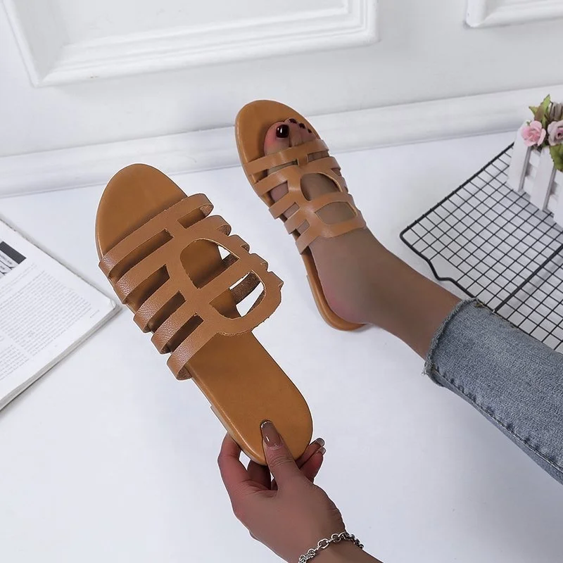

2021 Summer Round Open Toe Sandals for Women and Ladies Flat Leather Hollow Sandals, 4 colors