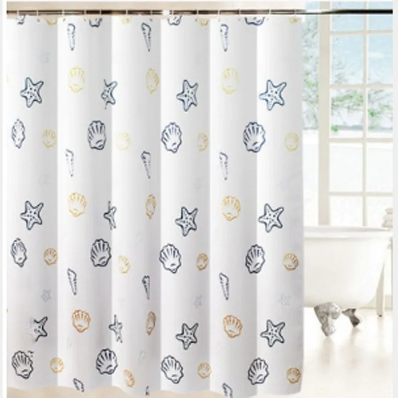 

High Quality Household Thickened Waterproof Starfish Shell Printing Metal Grommet Shower Curtain, Customized color