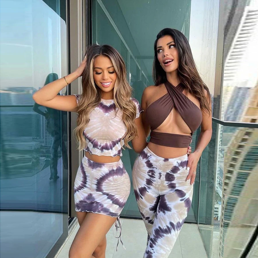 

Kliou K21S01085 2021 Summer New Fashion Short O-Neck Stretchy Casual Paisley Drawstring Mini Dress Set