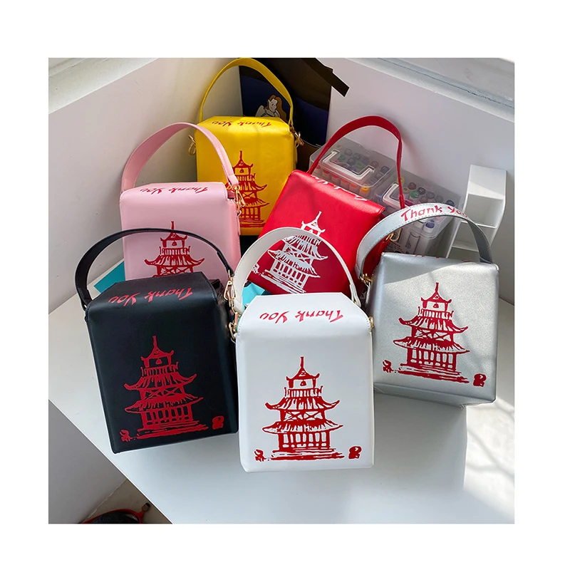 

Women New Bucket Handbag fashion creative Chinese style pu chains messenger bag personality red iron tower printing shoulder bag, Customized color